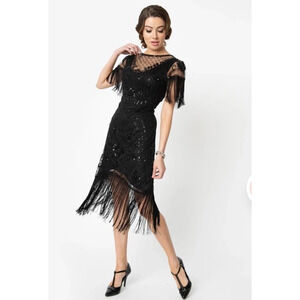 NWOT Unique Vintage Nadine Flapper Dress Beaded Fringe Sleeve Black Size 1X/16